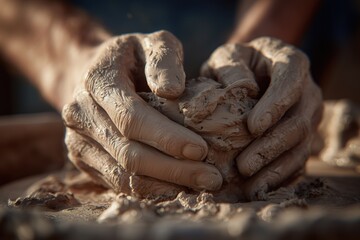 close-up of human hands shaping natural clay, soft warm light, earthy color palette, handmade pottery process, tactile and emotional realism, slow living boho aesthetic, shallow depth of field