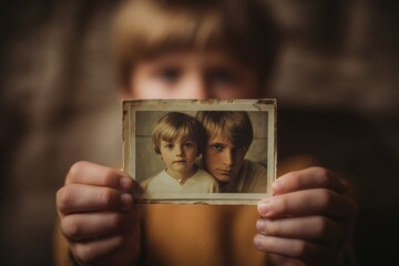 child holding an old photograph of their younger self with a parent, emotional realism, soft golden light, slight film grain, nostalgic feeling, intimate moment, shallow focus, cinematic realism