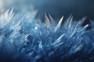 macro shot of ice crystals forming on frozen glass, sharp icy textures, cold blue and silver tones, crisp winter atmosphere, tactile realism, dramatic light reflections, high detail, cinematic mood 