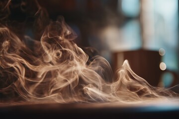 cinematic scene of fresh coffee aroma visualized as warm, swirling steam, soft morning light coming through a window, cozy atmosphere, gentle motion in the air, rich brown tones, sensory storytelling,
