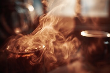 cinematic scene of fresh coffee aroma visualized as warm, swirling steam, soft morning light coming through a window, cozy atmosphere, gentle motion in the air, rich brown tones, sensory storytelling,