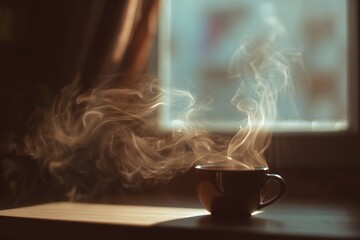cinematic scene of fresh coffee aroma visualized as warm, swirling steam, soft morning light coming through a window, cozy atmosphere, gentle motion in the air, rich brown tones, sensory storytelling,