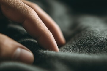 ultra close-up of fingers gently sinking into soft velvet fabric, visible fibers bending under touch, warm natural light, shallow depth of field, tactile realism, cozy and intimate mood