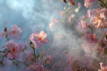 blooming flowers releasing visible aromatic mist into the air, soft pastel colors, natural sunlight, dreamy atmosphere, floating particles, gentle movement, sensory and emotional visual storytelling
