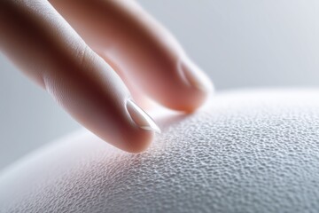 extreme macro of smooth ceramic surface being touched by fingertips, subtle skin texture contrast, minimalistic composition, soft studio lighting, tactile elegance, modern aesthetic
