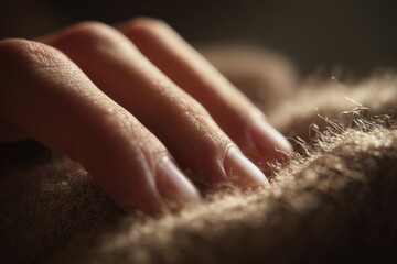 ultra close-up of fingers gently sinking into soft velvet fabric, visible fibers bending under touch, warm natural light, shallow depth of field, tactile realism, cozy and intimate mood