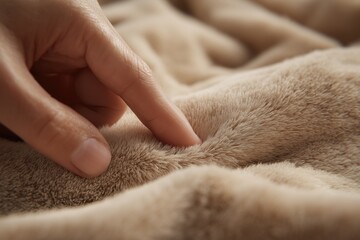 close-up of hand pressing into plush fabric, fabric deformation visible, hyper realistic texture, warm beige color palette, shallow focus, emotional and sensory storytelling
