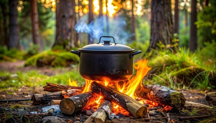 Black cast iron pot with lid over open campfire, flames rising around burning logs in forest setting.