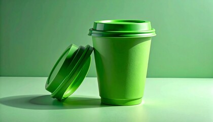 Green disposable plastic cup with lid tilted on bottom edge against light green background, soft shadow cast.