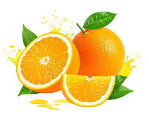 Orange slices with leaves isolated on transparent background.