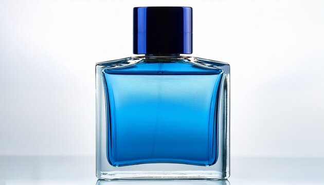 blue bottle of perfume isolated on white background for fragrance and beauty concept
