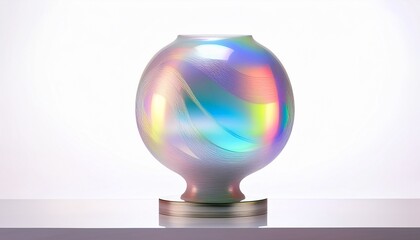 iridescent vase on a white pedestal with holographic light reflections on a clean background reflective isolated on a white background