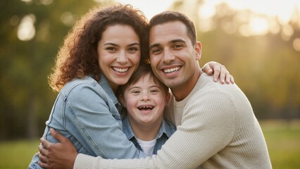 Obraz premium Loving parents embracing their happy son with down syndrome. Joyful family portrait outdoors in park