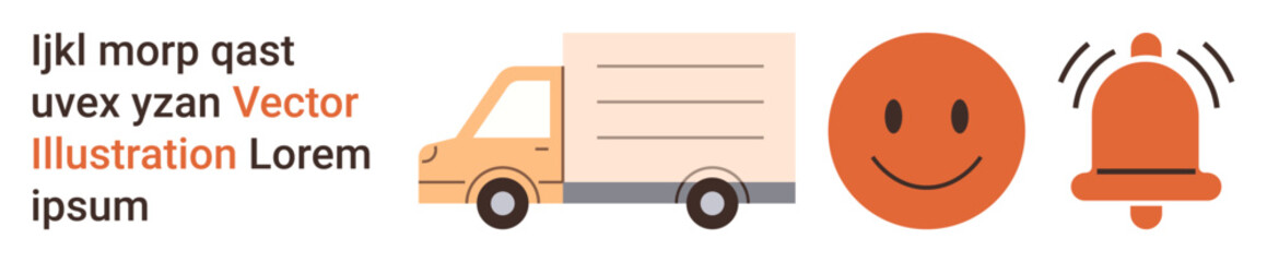 Fototapeta premium Logistics, emotional expression, notifications, transportation, visual design, communication. Image with a delivery truck, happy face and bell graphic alongside sample text. Logistics and emotional