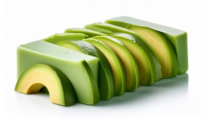 green soap bar with avocado slices isolated on white background for natural skincare