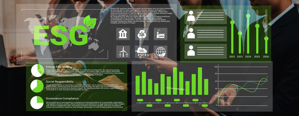 A business team engages in ESG analysis with visual elements showcasing metrics on energy, social responsibility, and governance compliance, focusing on sustainable practices. Gantry