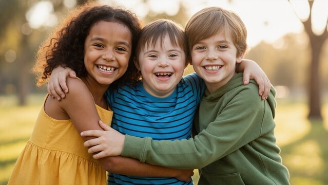 Three diverse children including boy with Down syndrome smiling and hugging in park. Happy friends showing inclusion and childhood friendship