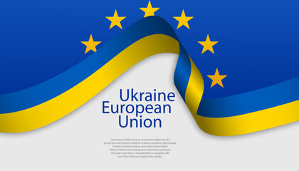 Ukraine and Europe Union flags ribbon background, banner, wallpaper for text. Cooperation, negotiation, partnership, membership concept patriotic template