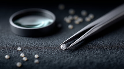 Diamond gemstone held by precision tweezers with magnifying glass and scattered gems, jewelry evaluation and quality assessment concept