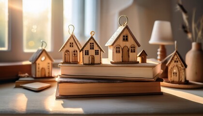 a whimsical still life presents miniature wooden houses arranged on stacked books with vintage style hooks highlighting the beauty of handcrafted objects in gentle illuminating sunlight
