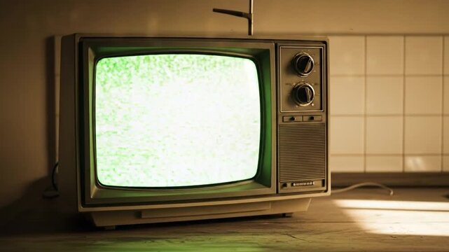 Retro Television with Green Screen Static in a Dimly Lit Room.