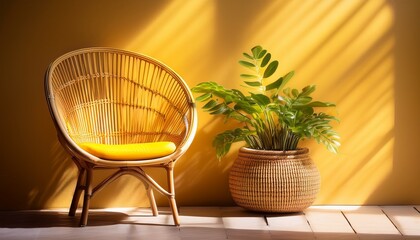 warm sunlight illuminates a rattan chair and a vibrant yellow plant pot