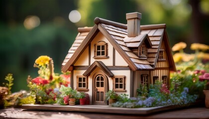 a charming close up captures a whimsical artisan crafted wooden miniature house adorned with intricate painted details creating a quaint and enchanting miniature world