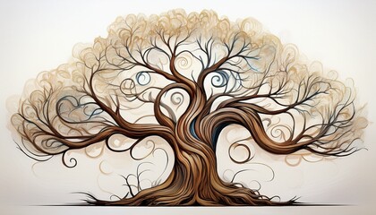 stylized bare tree with swirling branches and textured trunk on white background keywords tree bare branches swirling curls spiral trunk wood texture bark gnarled twisted organic