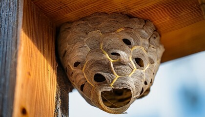 a detailed shot of a wasp nest constructed inside a wooden structure possibly a beehive focusing on the texture of the nest and the wooden frame s structure and wire supports