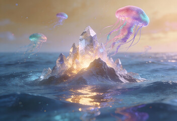 magical jellyfish and ice mountain glowing in the ocean waves