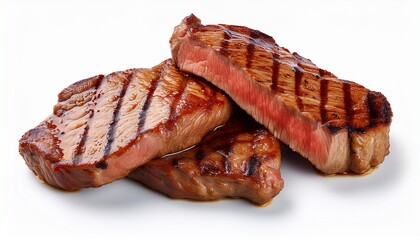 grilled meat slices isolated on white background with juicy texture and detail