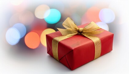 red gift box with a golden ribbon tied on top against a blurred background of colorful bokeh lights present isolated on a white background