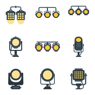 Concert Stage Lights Icon Set &ndash; Flat Vector Illustrations of Moving Heads, PAR Cans, and Spotlights on White Background  