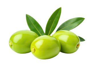 Obraz premium Fresh green olives surrounded by leaves on a white background, great for food or decoration shots