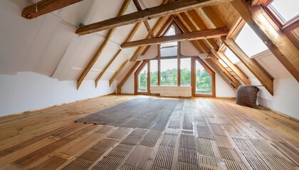 spacious attic room with exposed wooden beams and hardwood floors