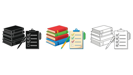 Collection of book study and checklist icons representing education planning and task completion concepts