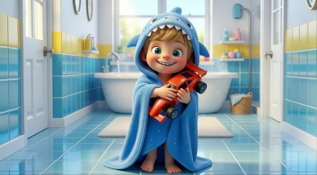 Cute cartoon boy in blue shark towel holding red toy car in bathroom 3D animation