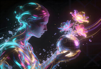 glowing female figure holding a world with neon flowers