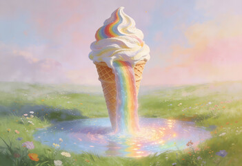 vibrant rainbow flowing from ice cream cone in lush field
