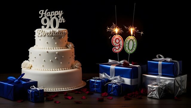 Elegant white tiered birthday cake celebrating a 90th milestone with sparklers and blue gift boxes on a dark background.