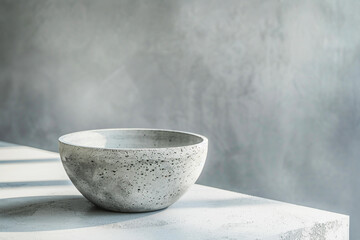 Minimalist concrete bowl placed on a light surface, showcasing its texture and unique design against a soft, neutral background.