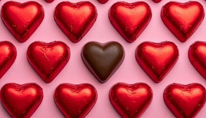 Romantic repeating pattern of red foil-wrapped heart chocolates on a pastel pink surface, featuring a single unwrapped chocolate as a focal point. Perfect for Valentine&rsquo;s Day, love, and romance