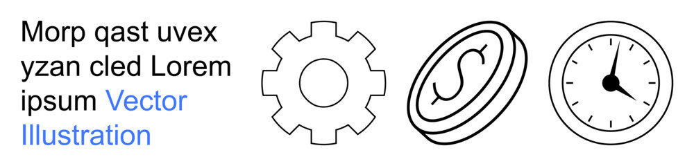 Obraz premium Business strategy, time management, financial planning, economic growth, productivity, wealth. Gear, clock and dollar coin icons in black outline. Business strategy and time management
