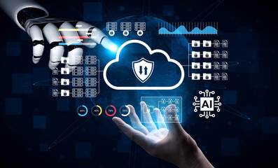 Innovative illustration showing a robotic hand interacting with cloud computing security symbols, highlighting the blend of technology and human engagement in data protection. Gantry