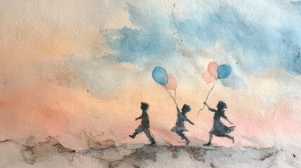 Children playing with balloons watercolor art - joyful childhood,Children Holidays