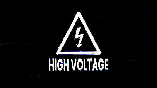 High voltage warning sign text animation with glitch effect. Ideal for electrical safety articles, technology themed designs, and futuristic digital concepts. 4k animated typography