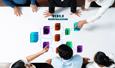 A diverse group of business professionals engaged in a collaborative meeting, exploring concepts of Web 3.0 and decentralization, enhancing digital strategies and innovation. Trope