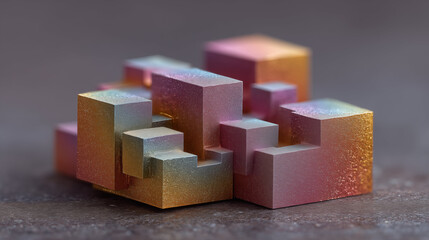 Abstract geometric blocks with gradient texture in pink orange and teal colors on gray surface. Concept of design, architecture, and modern art