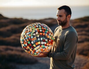 Single Person Holding A Globe Composed Of Vibrant Multi-Colored Geometric Shapes