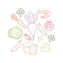 Hand Drawn Food Outline Icon Set with Vegetables Seafood and Bakery Illustration